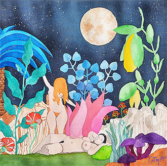 sorciere, femmes libres, peinture aquarelle, illustration, danse, lune, vegetation, aquarelle metallique, feminite, sororite, feminisme, lutte feministe